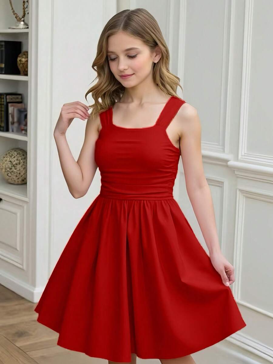 SHEIN Sparklyn Vestido sin mangas con cintura ceñida para niñas, estilo elegante - Burdeos - Ver 1