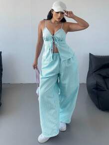 Flirla Plus Size Sexy Striped V-Neck Camisole And Drawstring Waist Wide Leg Pants Set - Baby Blue - View 4