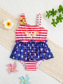 Baby Girl Cute Star Print Mesh One-Piece Swimsuit For Fourth Of July - Multicolor - View 1