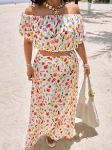 SHEIN EZwear Plus Size Allover Print Off Shoulder Short Sleeve Top And Skirt 2 Pieces Set - Multicolor - View 6