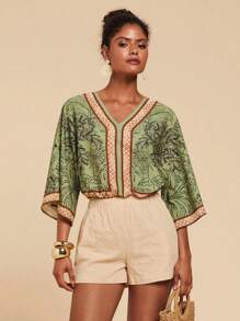 Travachic 女士 V 领印花 3/4 袖紧身衣 - 綠色 - 查看 3