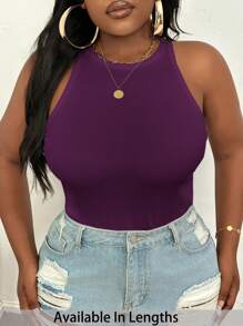 SHEIN PETITE CURVE 大码休闲修身白色圆领无袖背心 - 紫色 - 查看 7