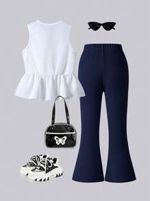 SHEIN 2pcs/Set Girls Casual Elegant City Commuting Bow Decor Sleeveless Top & Fitted Flare Pants Knitted Set