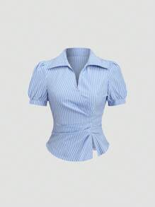 Sweetra 法式夏季新款优雅海军蓝 Polo 领条纹 V 领短袖修身女式衬衫 - 藍色 - 查看 1