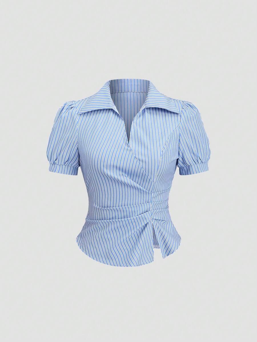 Sweetra 法式夏季新款优雅海军蓝 Polo 领条纹 V 领短袖修身女式衬衫 - 藍色 - 查看 1