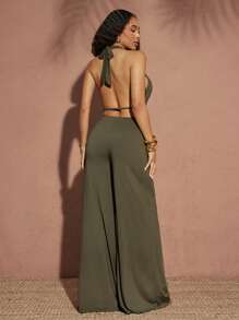 Vixey Stone Detail V Shape Gathered Wide Leg Pants, Summer Pants, Island Vacation - Army Green - View 2