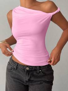 1pc Women Asymmetrical Neck Solid Color Blouse, Simple & Fashionable, Suitable For Summer - Pink - View 4