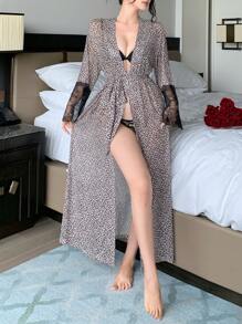 DAZY See-Through Leopard Print Full Pattern Mesh Lace Splice Loose Long Women Sleepwear Pajama - Brown - View 5
