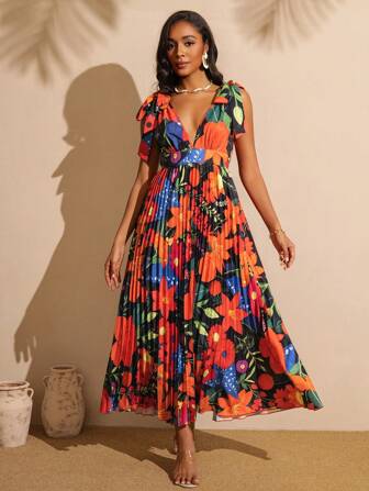 Vesra Women's Shoulder Tie Waist Pleated Hem Long Dress