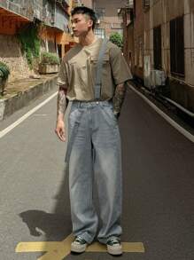 DAZY Pantalones vaqueros azules desgastados con tirantes para hombres de primavera