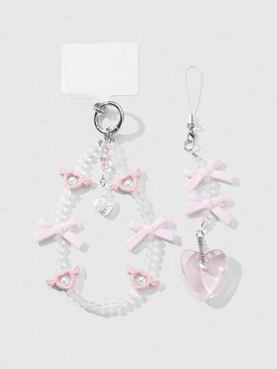 Kawaii 2pcs Elegant Simplistic Sweet Handmade Beaded Faux Crystal & Pearl Resin Bow Heart Pendant, Versatile Decoration For Phone, Key Chain, Bag, Suitable As Gift For Girl/Women, Daily Wear & Holiday