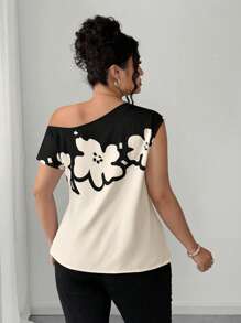 Elenzga Plus Size Women Holiday Floral Print Asymmetric Collar Ruched Blouse - Multicolor - View 2