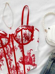 Soleia Blue & White Vintage Floral Contrast Color Women Holiday Camisole, Suitable For Vacation, Date, Afternoon Tea, Music Festival, Boho Style