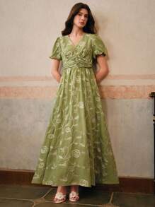 Anewsta 女士长款短袖连衣裙，优雅刺绣工艺大气鸡尾酒裙，春季服装