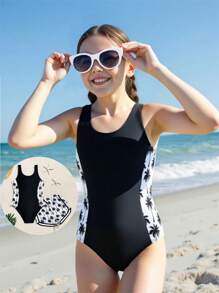 SHEIN 女童连体泳衣，女童海滩度假泳装，椰子树印花连体泳衣 - 黑色 - 查看 3