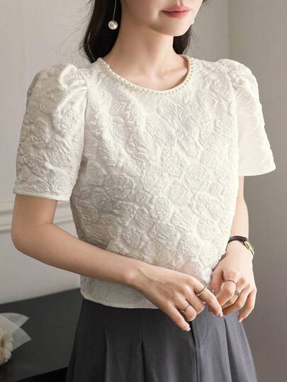 Wynsel 女士优雅婚礼宾客服装纹理圆领短袖串珠T恤，夏季