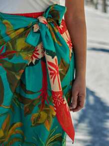 Maija 大码度假植物印花裹身系腰半身裙，适合夏季度假、海滩、商务休闲、外出、波西米亚风、办公室、节日、秋季返校、返校节等场合，风格简约复古，适合老派女性、教师等，浪漫百搭。 - 彩色 - 查看 3