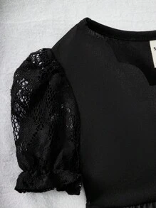 SHEIN Vestido de manga corta elegante y lindo con estampado floral negro de verano - Negro - Ver 5