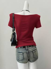 SHEIN EZwear Cool Girl's Burgundy Tight Knit Short Sleeve Top For Summer