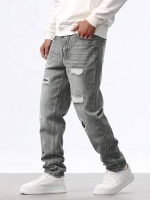 Manfinity Homme Men's Pockets With Distressed Straight Leg Casual Jeans