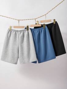 SHEIN 3pcs Tween Boys Casual Loose Knit Shorts Set, School, Campus, College - Dusty Blue - View 2