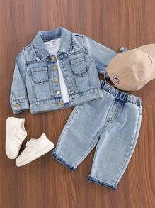 SHEIN 2pcs/Set Baby Boys Casual Vintage Washed Black Denim Lapel Jacket Top And Faded Denim Jeans Pants Outfit, Fashionable & Comfortable All-Match Set Suitable For Spring, Autumn
