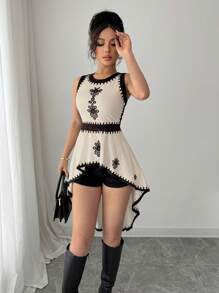 Elenzga Áo không tay họa tiết hoa tương phản màu sắc thời trang mùa hè với viền bất đối xứng - Màu be - Xem 6