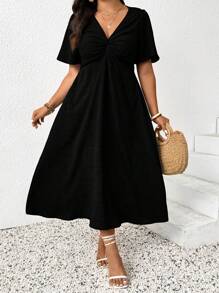 SHEIN Frenchy 夏季大码优雅纯色扭纹前开襟连衣裙 - 黑色 - 查看 3