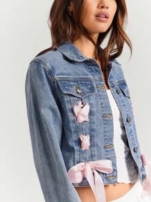 WESTFADE Spring Western Cowgirl Lace Up Cute Bow Tie Front Collared Button Front Long Sleeve Denim Trucker Jacket - Medium Wash - View 2