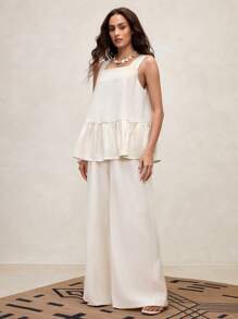 Zanirela Zanirela Women Linen Ruffle Babydoll Loose Fit Top & Wide Leg Pants Two Pieces Outfits For Daily Wear,Summer Outfits For Women - Apricot - View 8