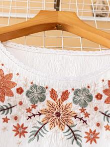 Linhara Plus Size Women Embroidered Versatile Casual Blouse - White - View 5