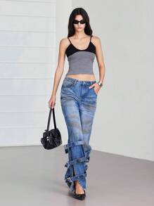 LYSMO Jeans casual a zampa con tasche e design con fibbia regolabile per donna