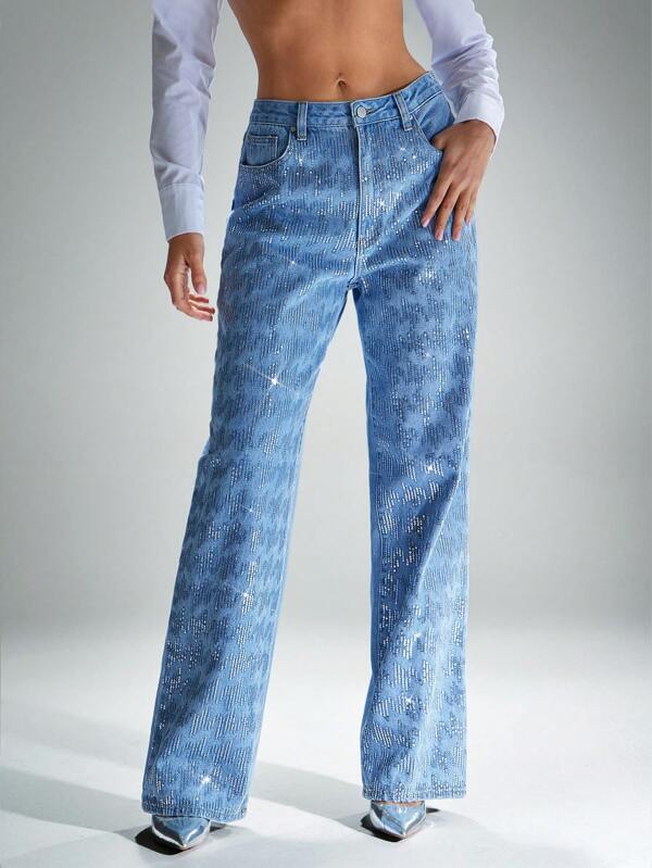 Denimoi Sequin Embellished Straight Leg Denim Jeans Shine Detail Jeans Straight Leg Jeans Fashionable Statement Denim