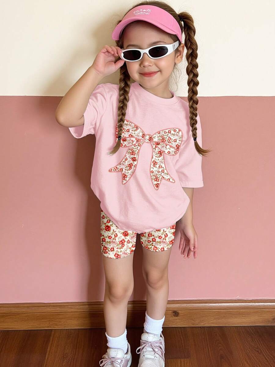 SHEIN Bộ 2 món/Bộ áo thun tay ngắn họa tiết nơ hoa đơn giản giản dị cho bé gái và quần short, phù hợp cho mùa hè - Nhiều màu - Xem 1