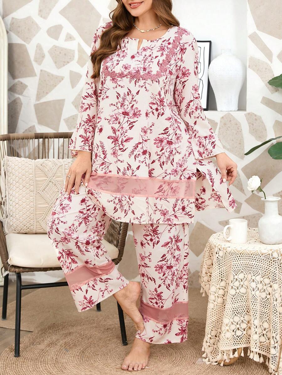 Serenescape Plus Size Women Floral Print Patchwork Semi-Sheer Mesh Bell Sleeve Top & Pants Pajama Set Holiday Season, Cozy Outfits, Fall Winter Clothes - Multicolor - View 1