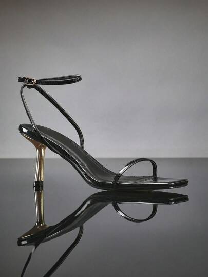 Hauture Ladies' Fashionable Black Paten Ankle Strap Buckle Square Toe Party Spring Summer Heeled Sandals For Christmas