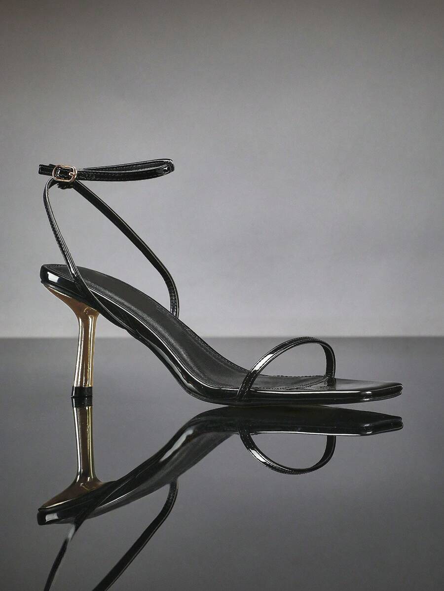 SHUZIA Ladies' Fashionable Black Paten Ankle Strap Buckle Square Toe Party Spring Summer Heeled Sandals For Christmas - Black - View 1