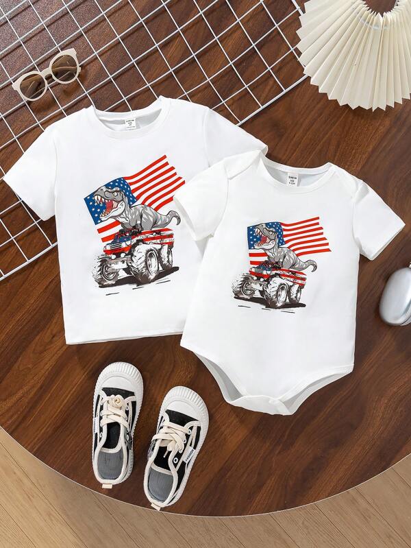 Toddler Boys Short Sleeve T-Shirt, Funny Print Designs Like Independence Day Flag, Dinosaur, Off-Road Vehicle, Stylish & Cool Casual Comfortable Round Neck T-Shirt, Suitable For Summer