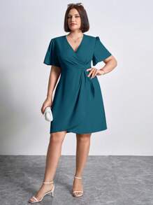 Chikora Plus Size Women Fall Women Solid V-Neck Short Sleeve Elegant Casual Dress,Business Casual Woman