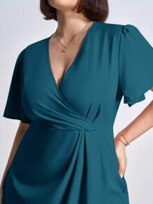 Chikora Plus Size Women Fall Women Solid V-Neck Short Sleeve Elegant Casual Dress,Business Casual Woman