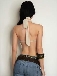SHEIN ICON Women's 3D Floral Decor Oversized Plunging Neck Backless Halter Top - Beige - View 2