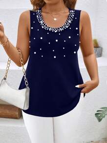 EMERY ROSE Plus Size Women Casual Beaded Round Neck Summer Tank Top - Navy Blue - View 3