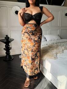 Plus Size Floral Print Contrast Lace Sexy Nightgown