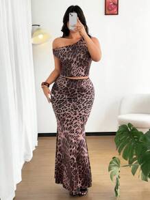 SHEIN Clasi 1套加大码不对称领口豹纹上衣和裙子 - 彩色 - 查看 4
