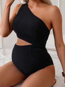 SHEIN 纯色孕妇连体泳衣，性感露背无袖度假装 - 黑色 - 查看 3