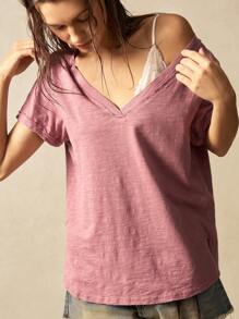 Bohemela 休闲纯色V领短袖宽松水洗女式T恤 - 珊瑚粉 - 查看 2