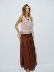 Lumivelle Ribbed Trim Sleeveless Crew Neck Simple Knit Top - Apricot - View 3