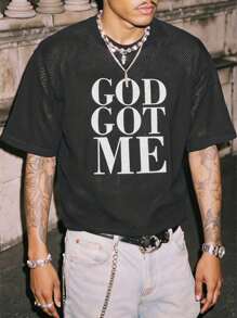 Manfinity EMRG 男士时尚网眼字母印花透气圆领短袖T恤