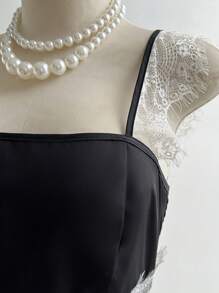 Flirla Plus Size Lace Patchwork Camisole And Contrast Color Elastic Waist Skirt Dress Set - White - View 5