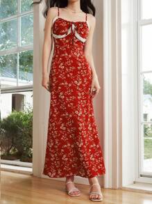 SHEIN LUNE 2025 Women's Elegant Red Ditsy Floral Spaghetti Strap Dress, Summer New Arrival - Multicolor - View 4